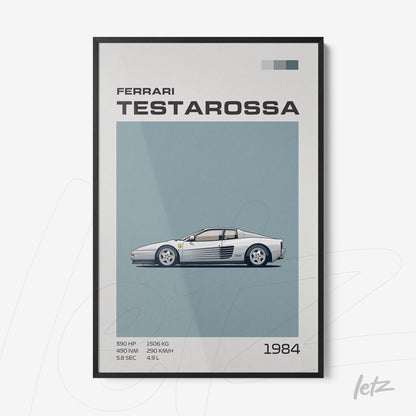 quadro com ilustração minimalista de um Ferrari Testarossa em fundo azul claro e moldura preta