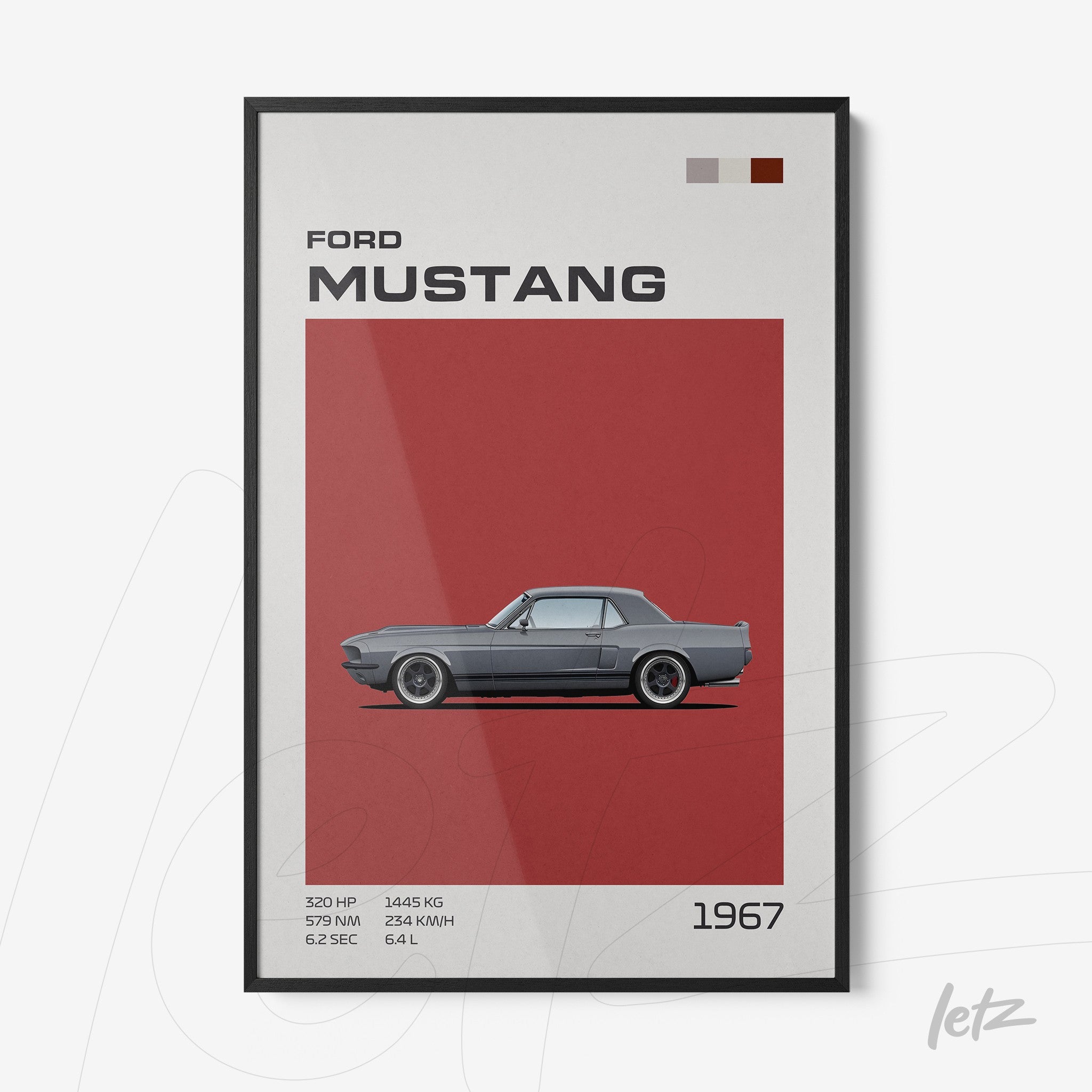 quadro com ilustração do Ford Mustang 1967 em fundo vermelho com moldura preta