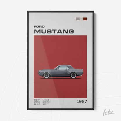 quadro com ilustração do Ford Mustang 1967 em fundo vermelho com moldura preta