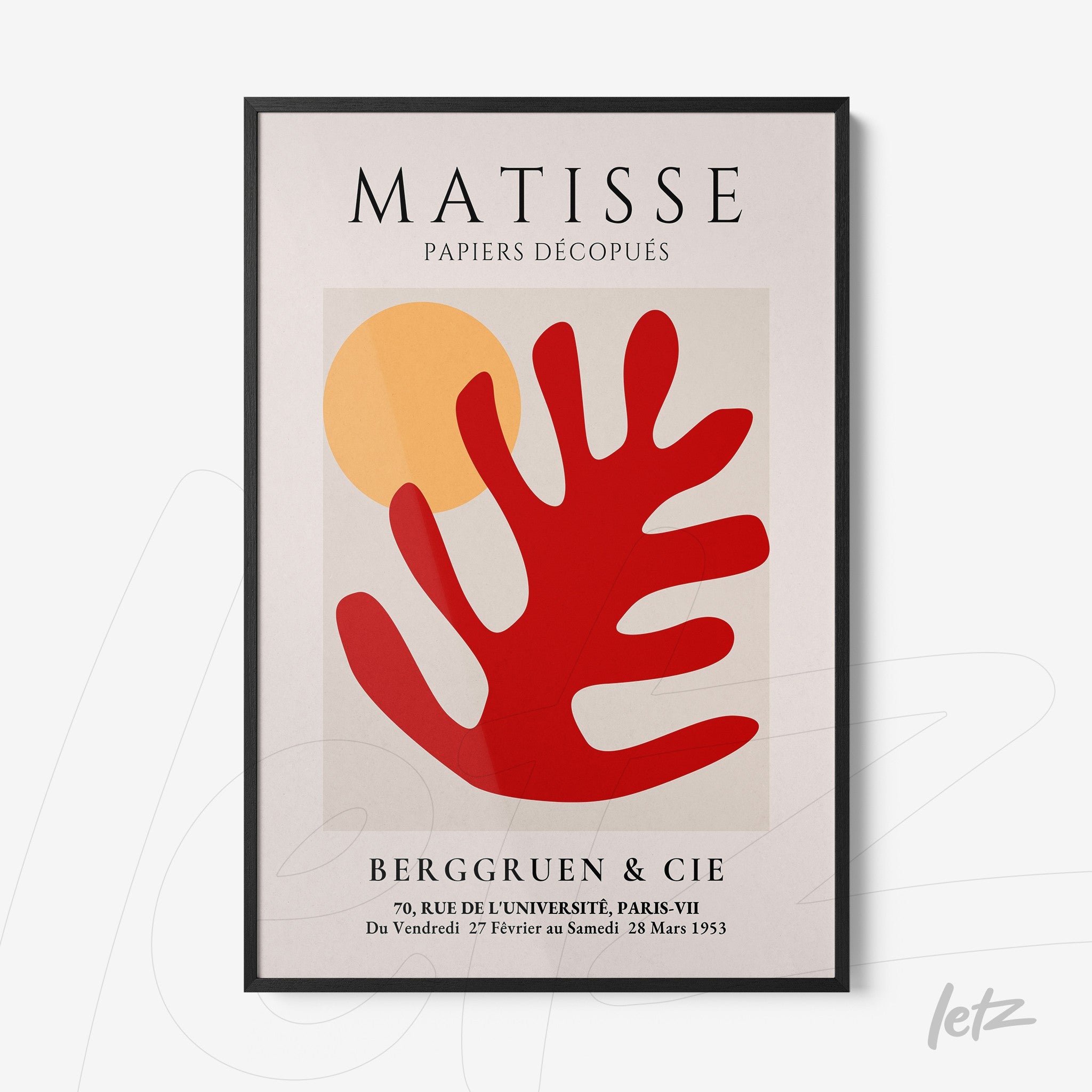 quadro com arte abstracta em tons vermelhos e amarelos, inspirado em Matisse, com moldura preta