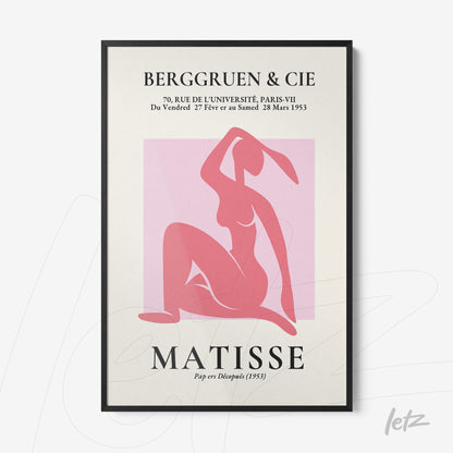 quadro com arte gráfica de figura feminina em tons de rosa, moldura preta e design inspirado em Matisse