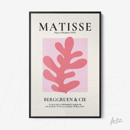 quadro com arte abstrata em rosa e fundo claro, moldura preta, inspirado por Matisse