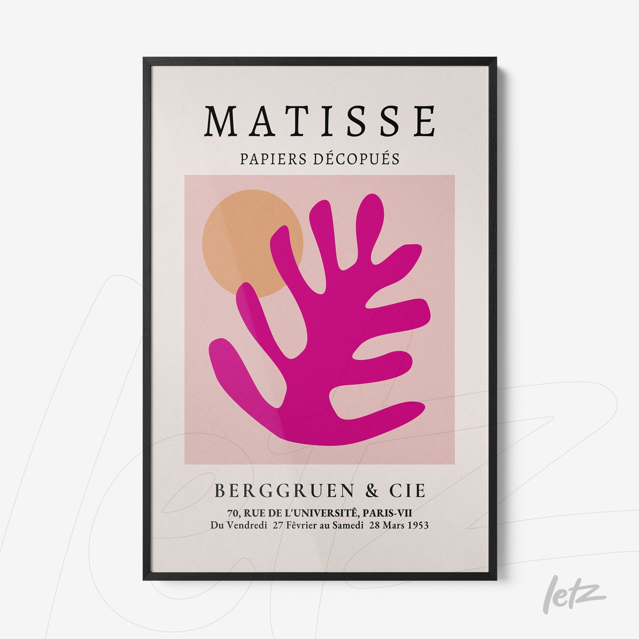 quadro com arte do artista Matisse, mostrando uma folha grande em rosa e formas geométricas em fundo claro, moldura preta
