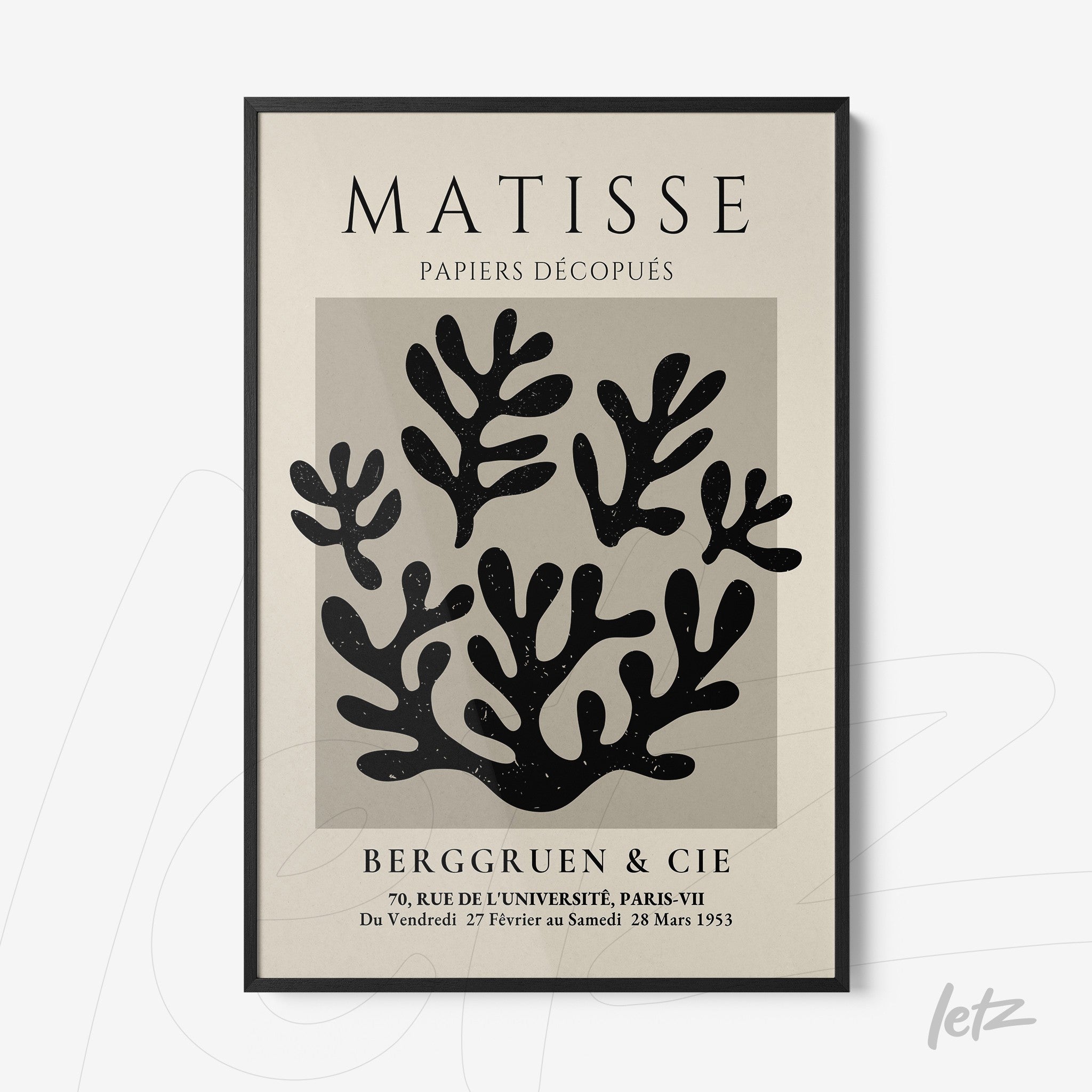 quadro com arte de recortes de papel em preto e branco inspirado por Matisse, moldura preta