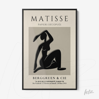 quadro com arte estilizada em preto e branco inspirada em Matisse, moldura preta fina