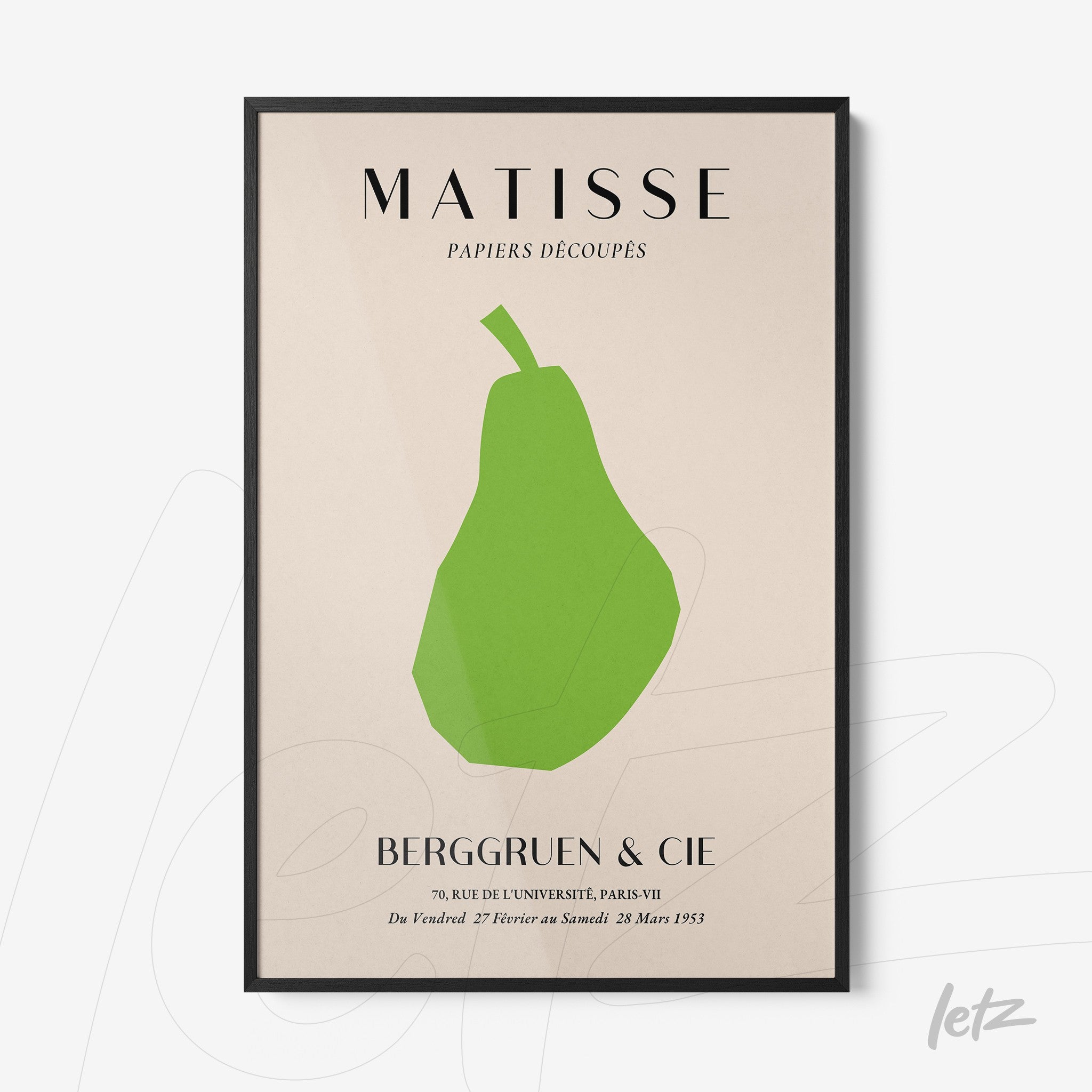 quadro com arte abstrata de uma pera verde em estilo minimalista com moldura preta
