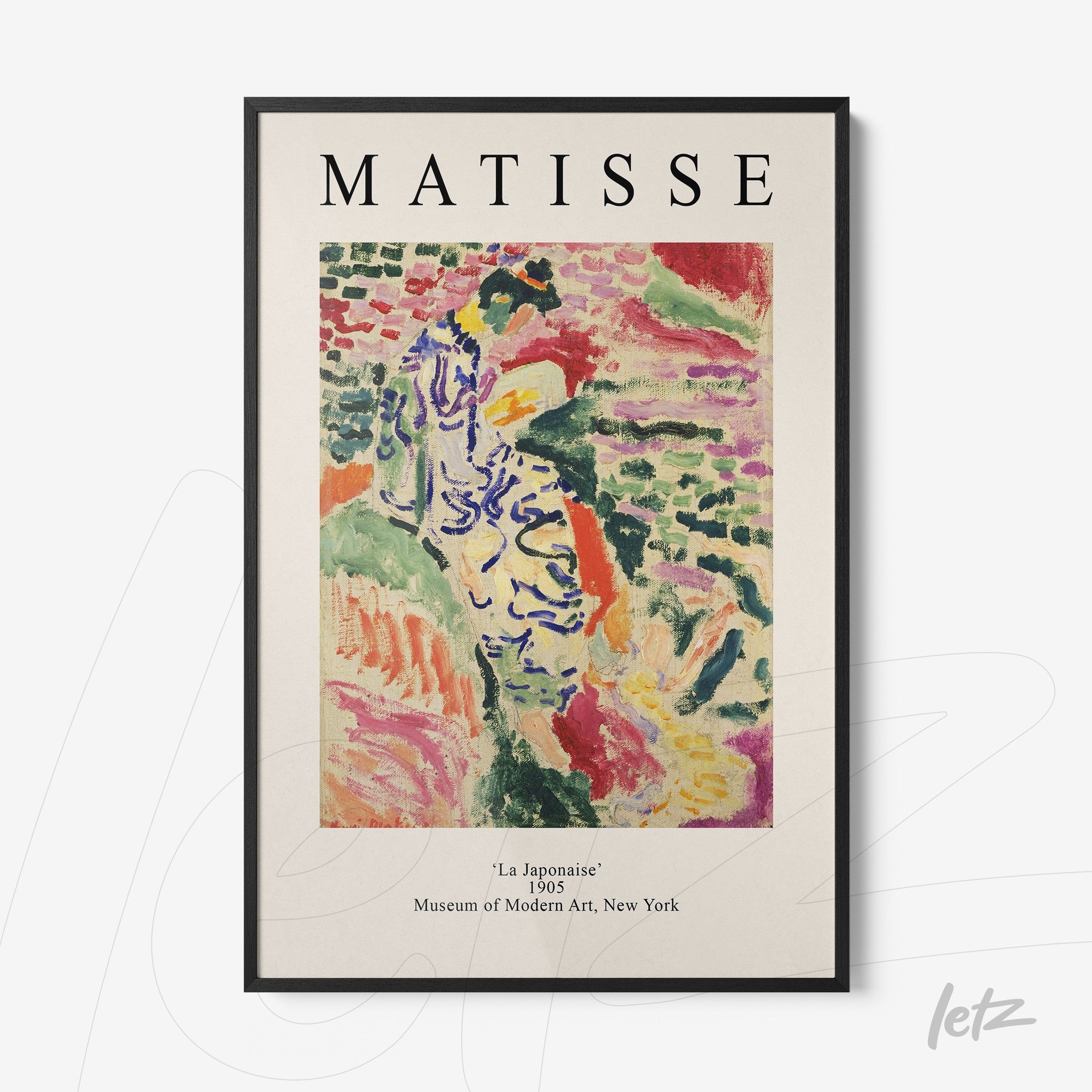 quadro com arte moderna de Matisse chamado 'La Japonaise', com moldura preta e fundo claro