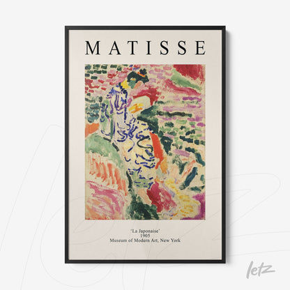 quadro com arte moderna de Matisse chamado 'La Japonaise', com moldura preta e fundo claro
