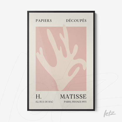 quadro com arte abstrata de mão em fundo rosa claro e moldura preta fina