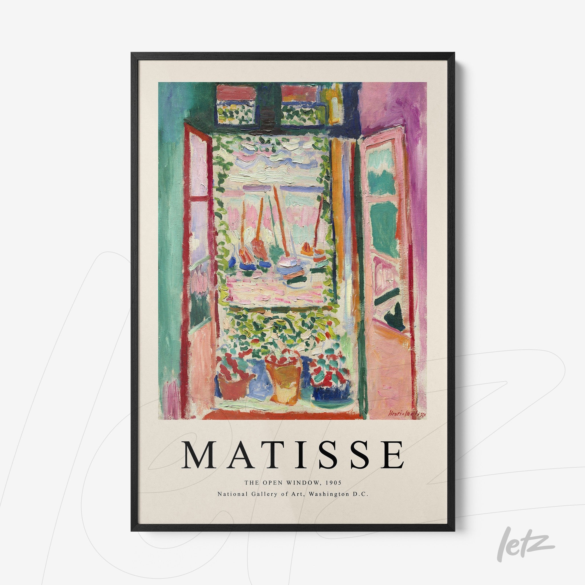 quadro decorativo com arte de Henri Matisse representando uma janela aberta com vista para flores e um lago em moldura preta