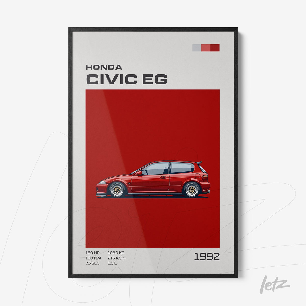 quadro com ilustração do carro Honda Civic EG em fundo vermelho, moldura preta