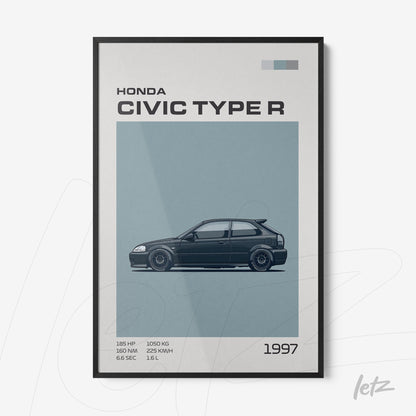 quadro emoldurado com ilustração de um Honda Civic Type R 1997 em fundo claro, destacado com dados técnicos em texto ao lado