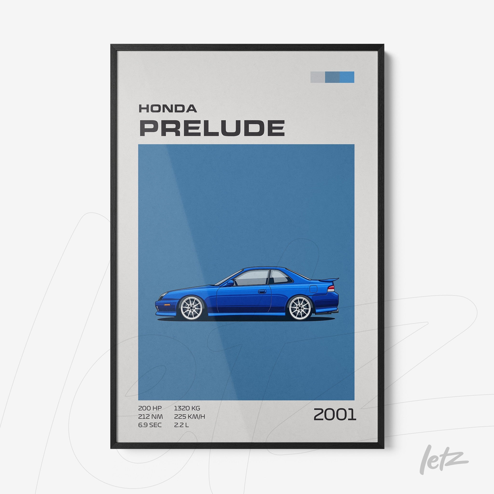 quadro com ilustração do carro Honda Prelude de 2001 em fundo azul e moldura preta