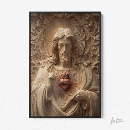 quadro decorativo com figura de Jesus com coração sagrado em detalhe esculpido e moldura preta