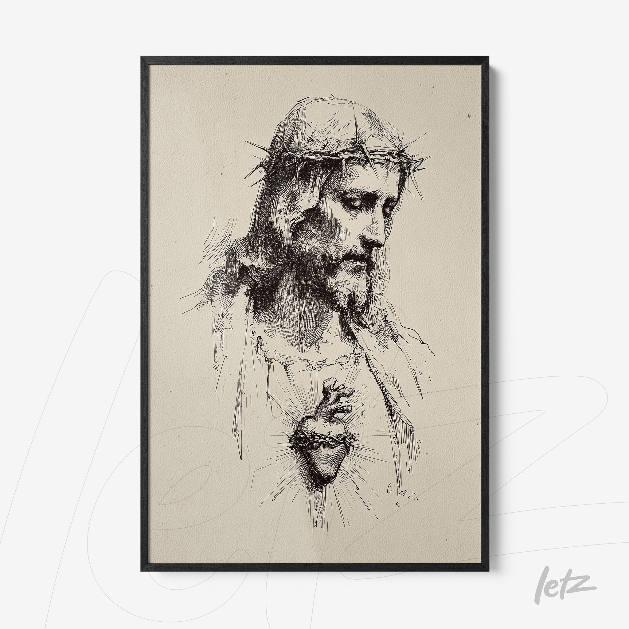 quadro com ilustração detalhada de Jesus Cristo com coroa de espinhos e coração sagrado, em moldura preta fina