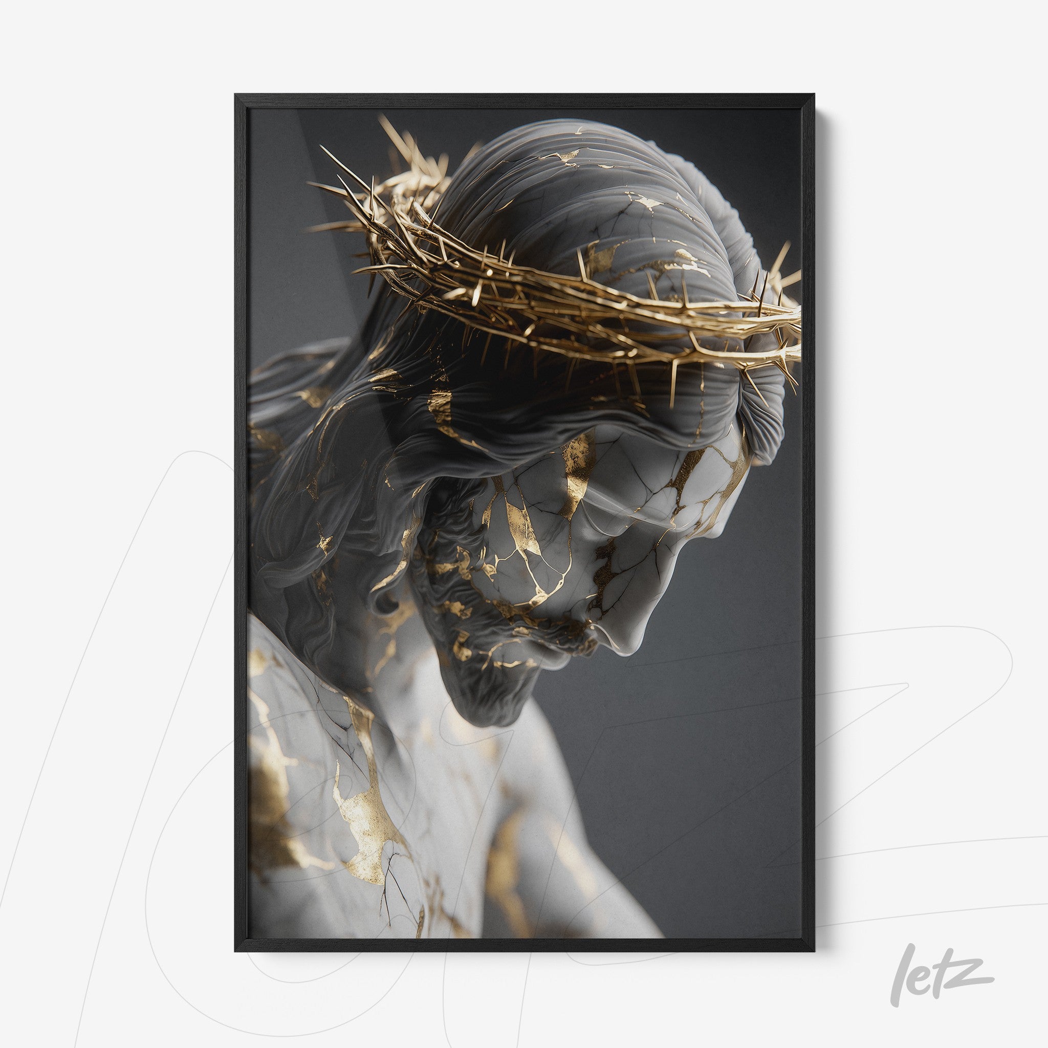 quadro decorativo com escultura de Cristo em detalhes dourados, moldura preta