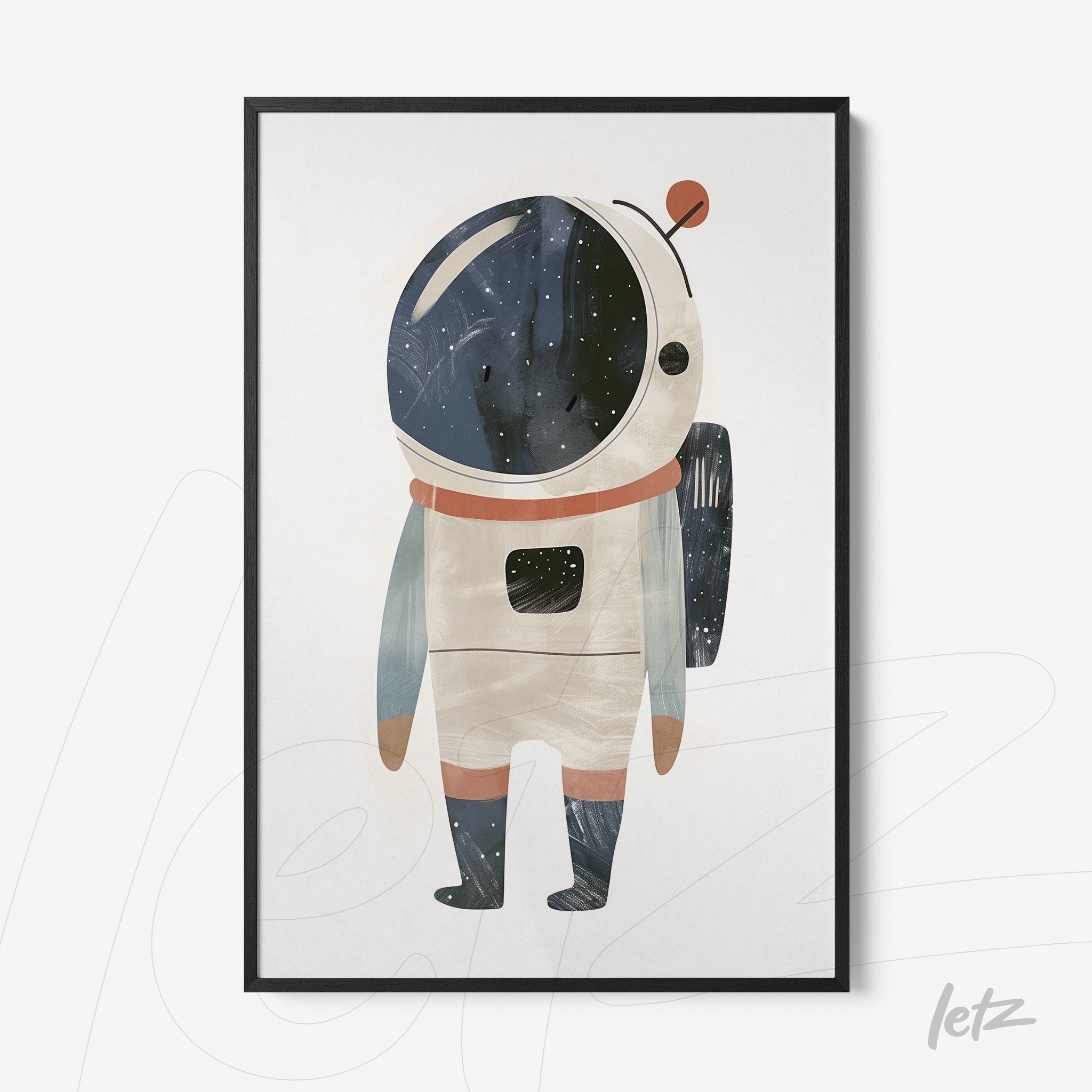 quadro com ilustração de astronauta estilizado em fundo branco e moldura preta