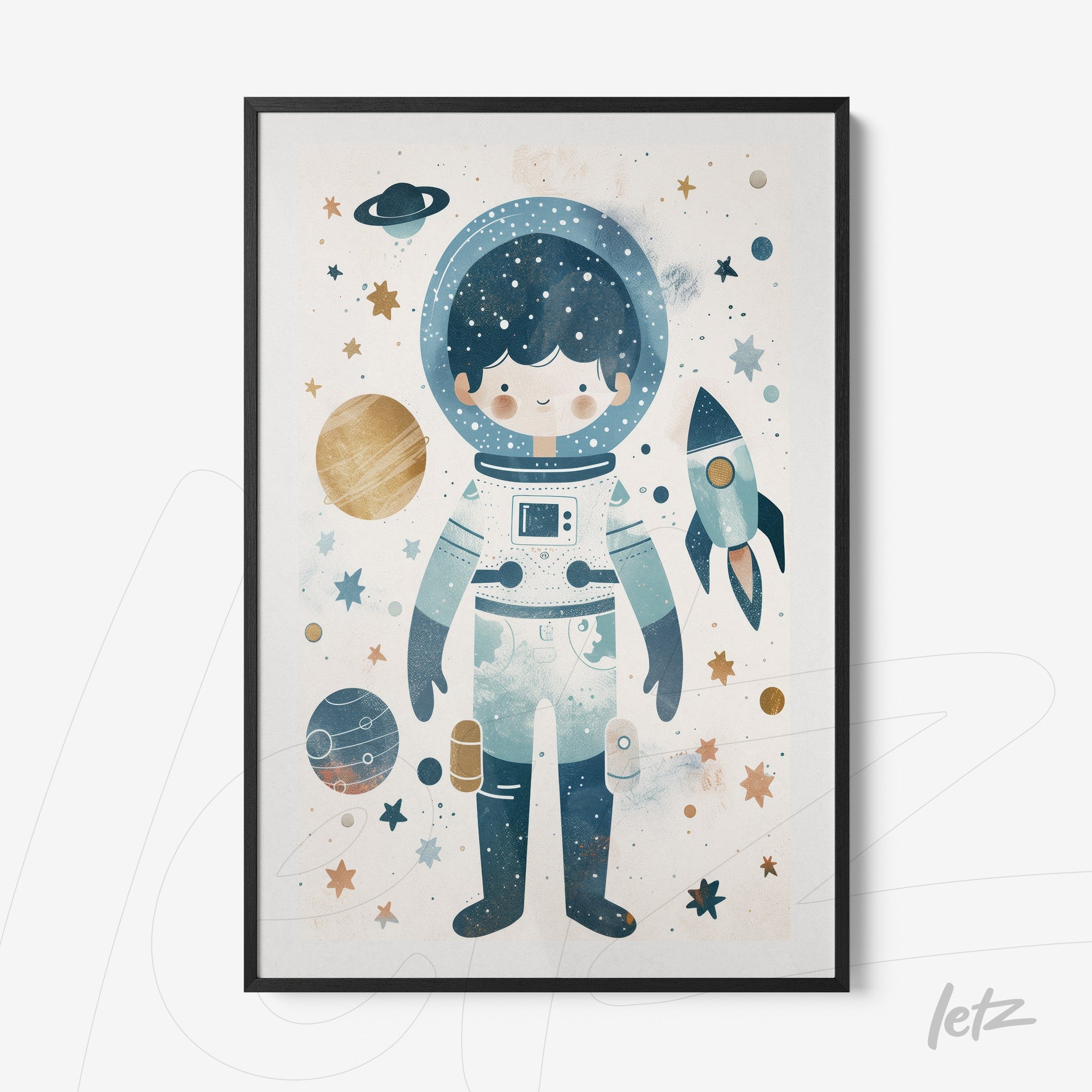 quadro com arte infantil de astronauta em fundo espacial com planetas e estrelas em tons de azul