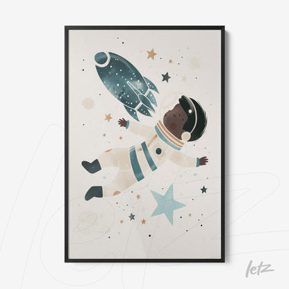 quadro com arte infantil de astronauta flutuando no espaço com foguete e estrelas, em moldura preta