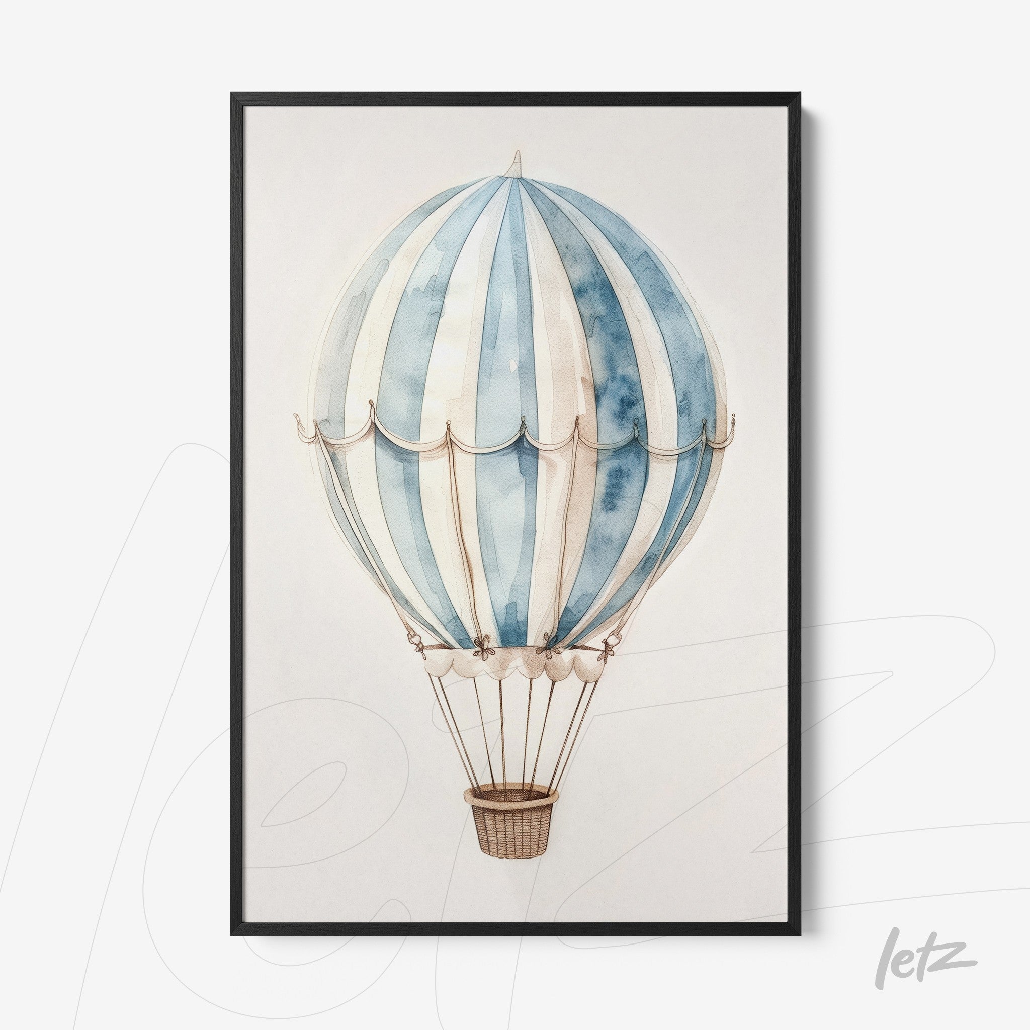 quadro com arte de balão de ar quente em tons de azul e branco, moldura preta