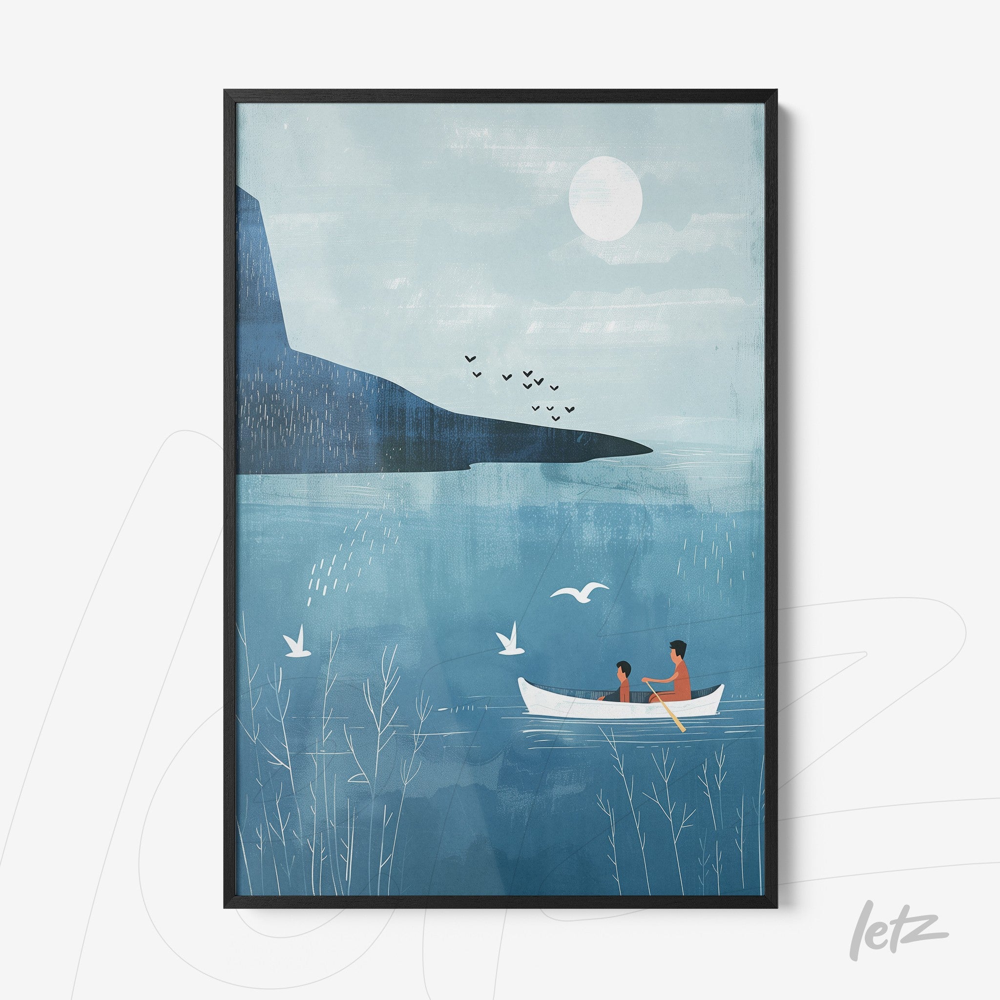 quadro com ilustração minimalista de um casal em um barco em um lago, com montanha ao fundo e céu azul claro