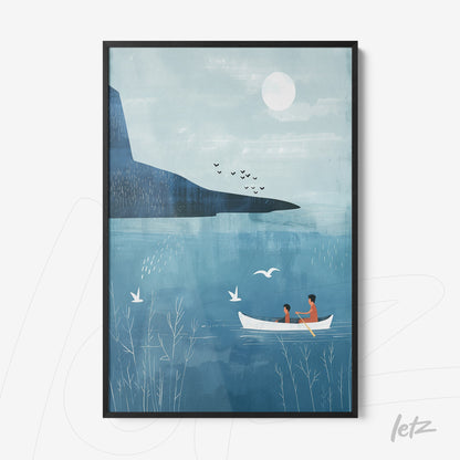 quadro com ilustração minimalista de um casal em um barco em um lago, com montanha ao fundo e céu azul claro