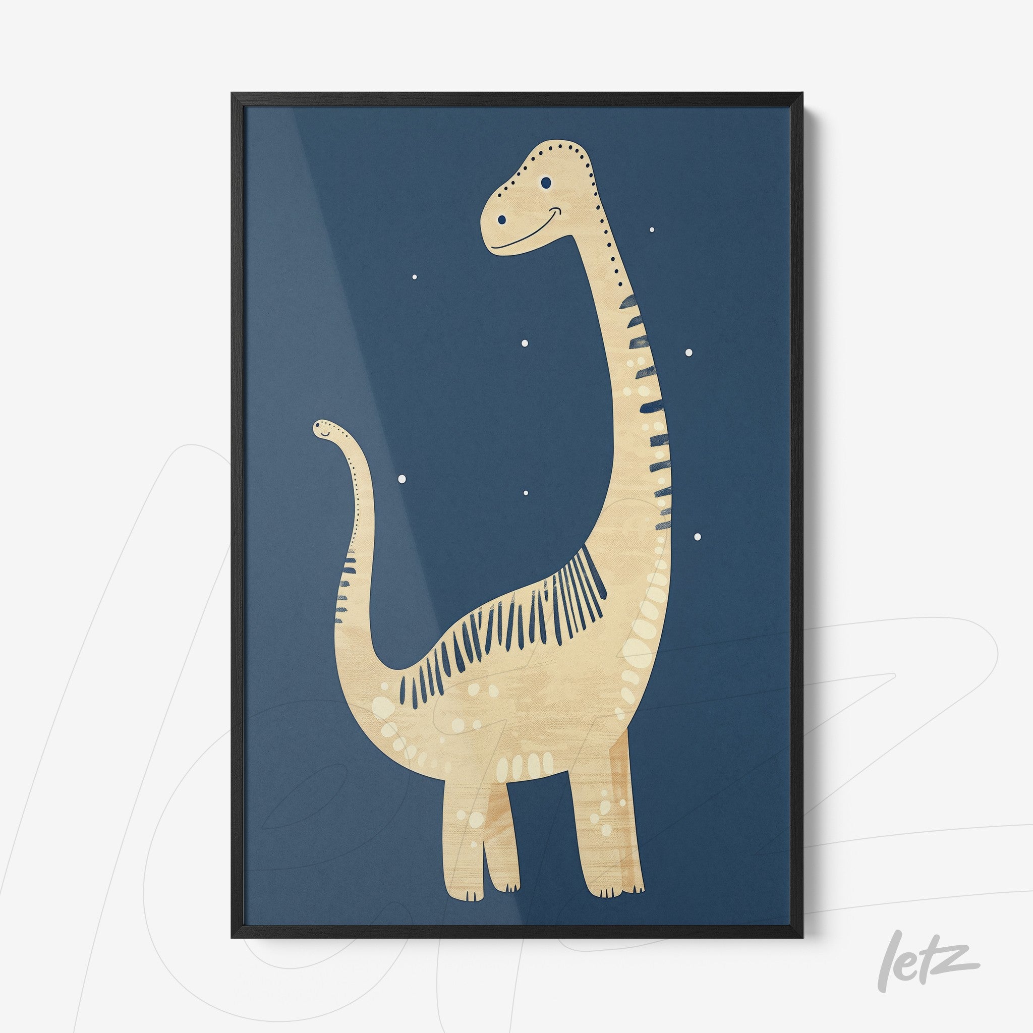 quadro com ilustração de dinossauro amarelo sobre fundo azul escuro em moldura preta