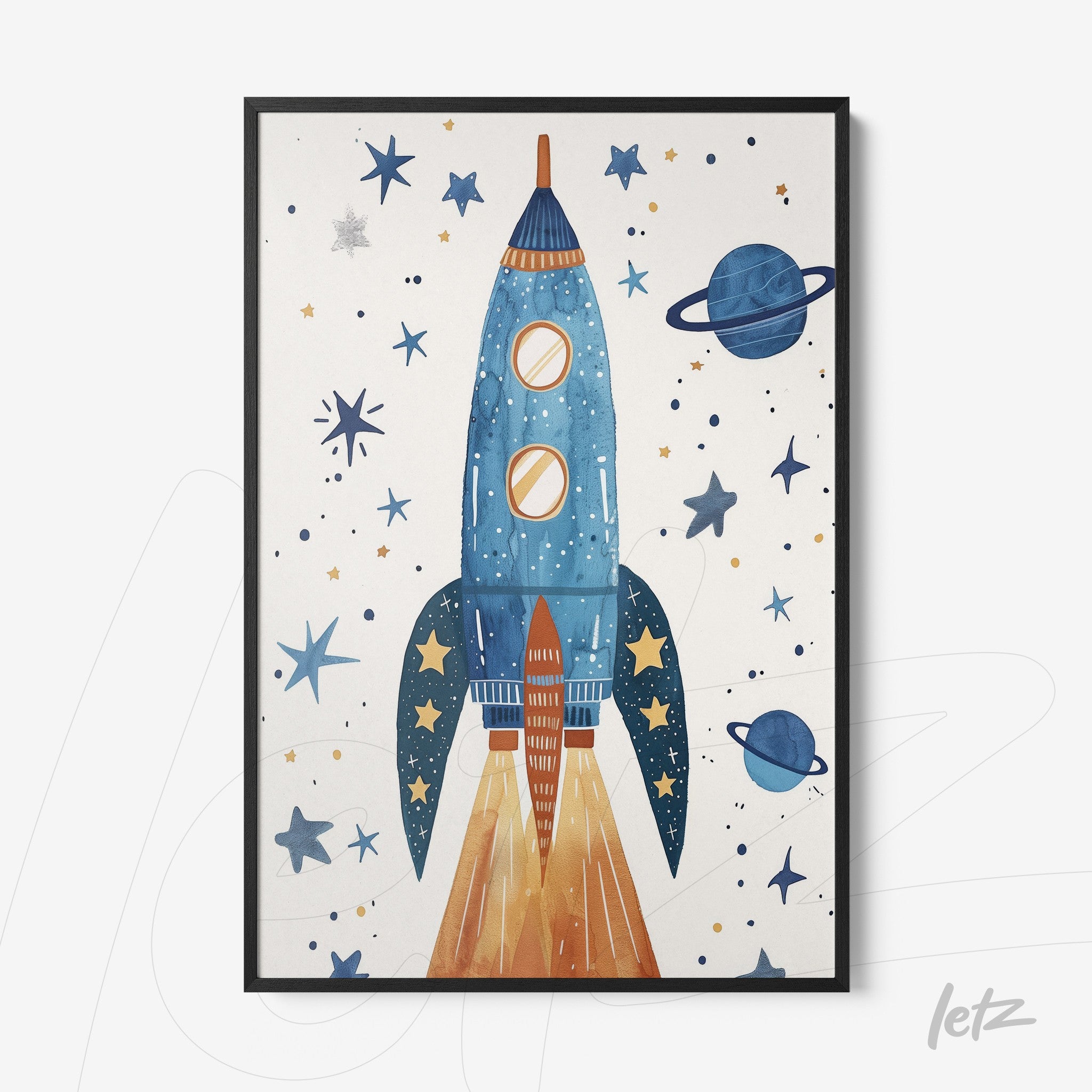 quadro com ilustração de foguete azul decolando entre planetas e estrelas em fundo claro com moldura preta