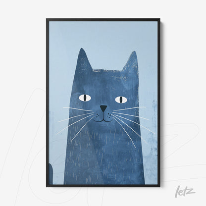 quadro com arte de gato azul em fundo claro, moldura preta
