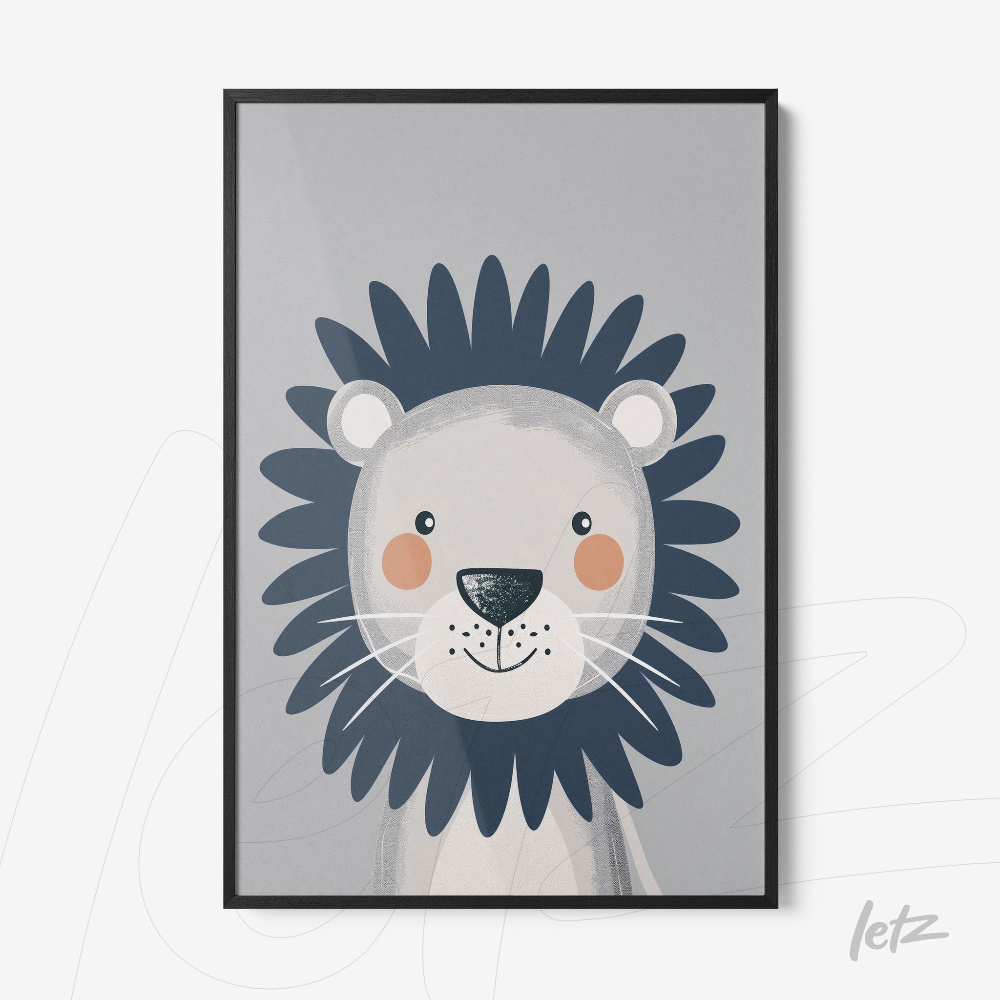 quadro com ilustração de leão estilizado em fundo cinza claro e moldura preta