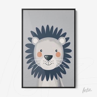 quadro com ilustração de leão estilizado em fundo cinza claro e moldura preta