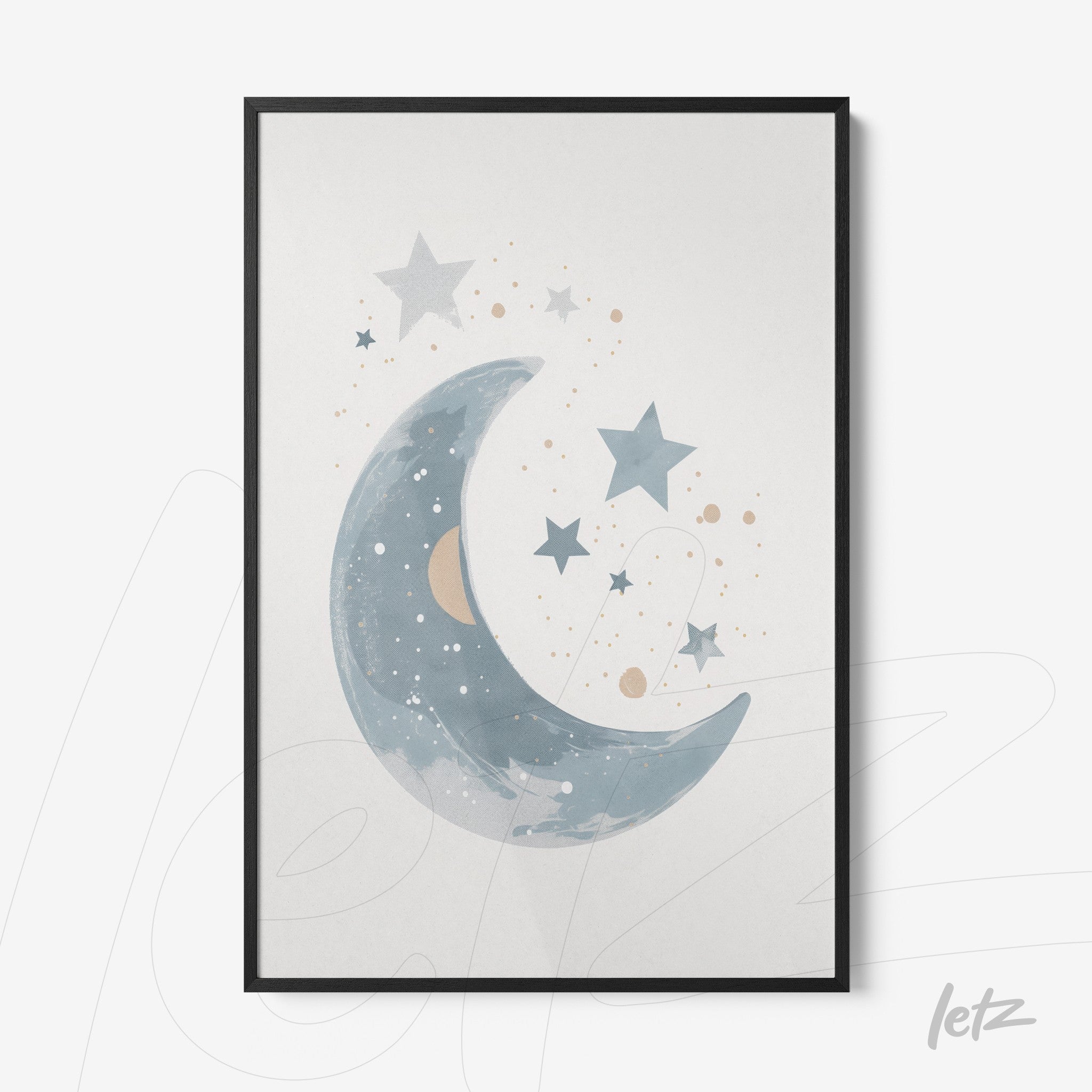 quadro com arte de lua crescente e estrelas em tons azul e dourado, moldura preta simples