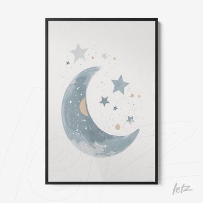 quadro com arte de lua crescente e estrelas em tons azul e dourado, moldura preta simples