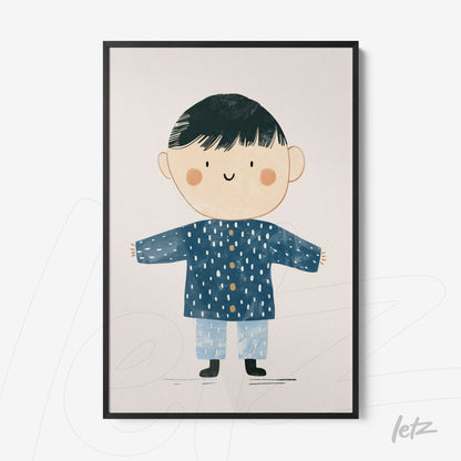 quadro com ilustração infantil de menino sorridente vestindo casaco azul e calças claras em moldura preta