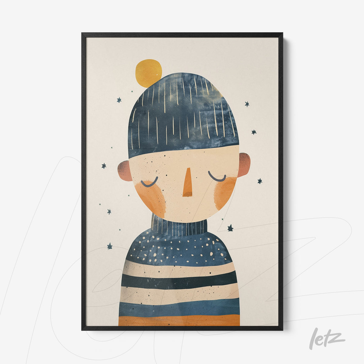 quadro com ilustração de personagem com gorro azul, listras coloridas e fundo claro, em moldura preta