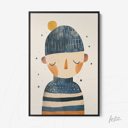 quadro com ilustração de personagem com gorro azul, listras coloridas e fundo claro, em moldura preta