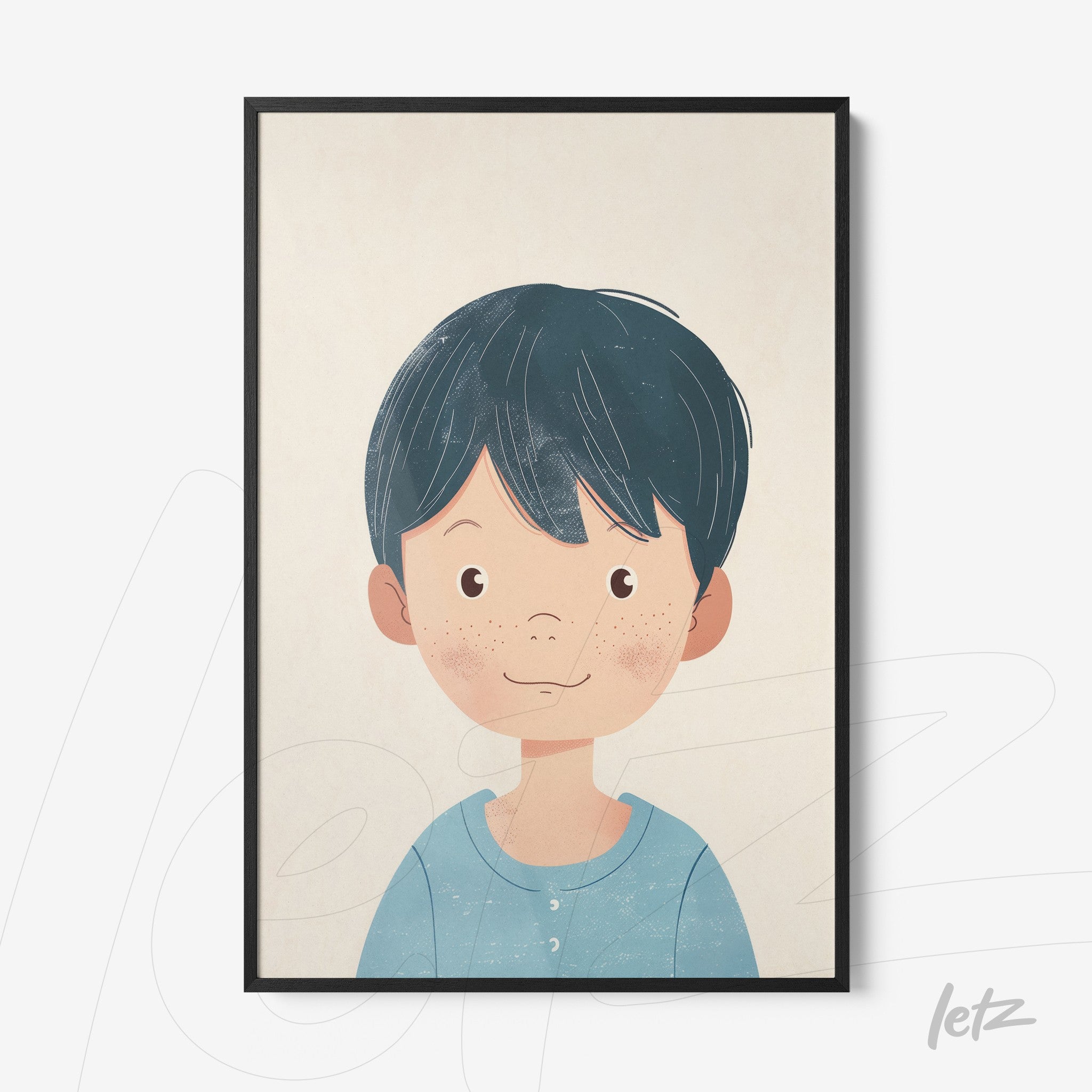 quadro com ilustração de menino sorridente com cabelo curto e escuro em moldura preta