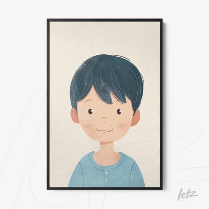 quadro com ilustração de menino sorridente com cabelo curto e escuro em moldura preta