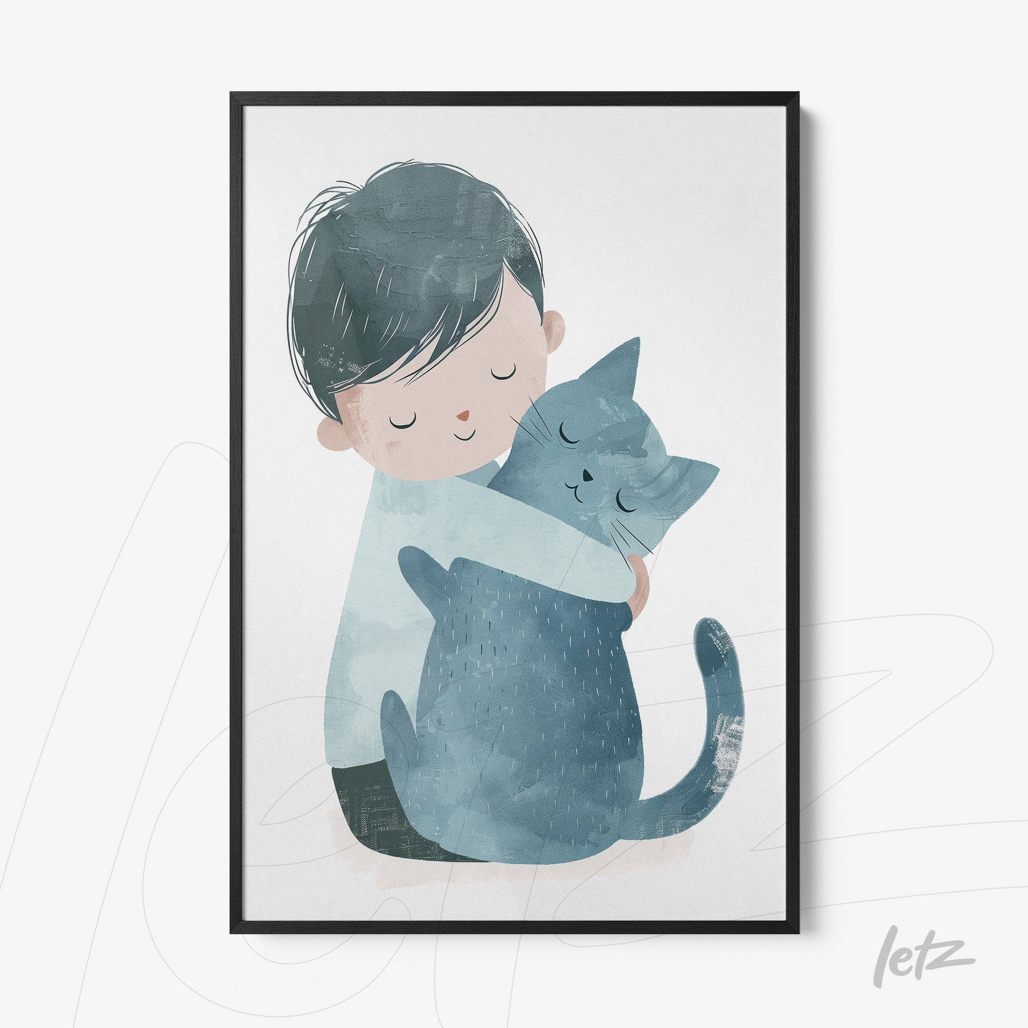 quadro com ilustração infantil de menino abraçando um gato azul em moldura preta fina