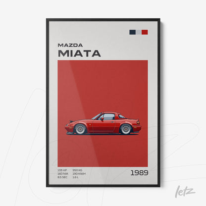 quadro com arte gráfica do carro Mazda Miata de 1989 em fundo vermelho com moldura preta