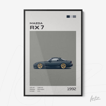 quadro com arte digital do carro Mazda RX-7 em moldura preta