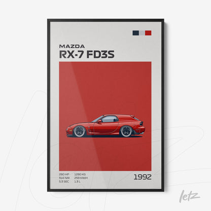 quadro com ilustração do carro Mazda RX-7 FD3S em fundo vermelho e moldura preta, possuindo detalhes técnicos e data de 1992