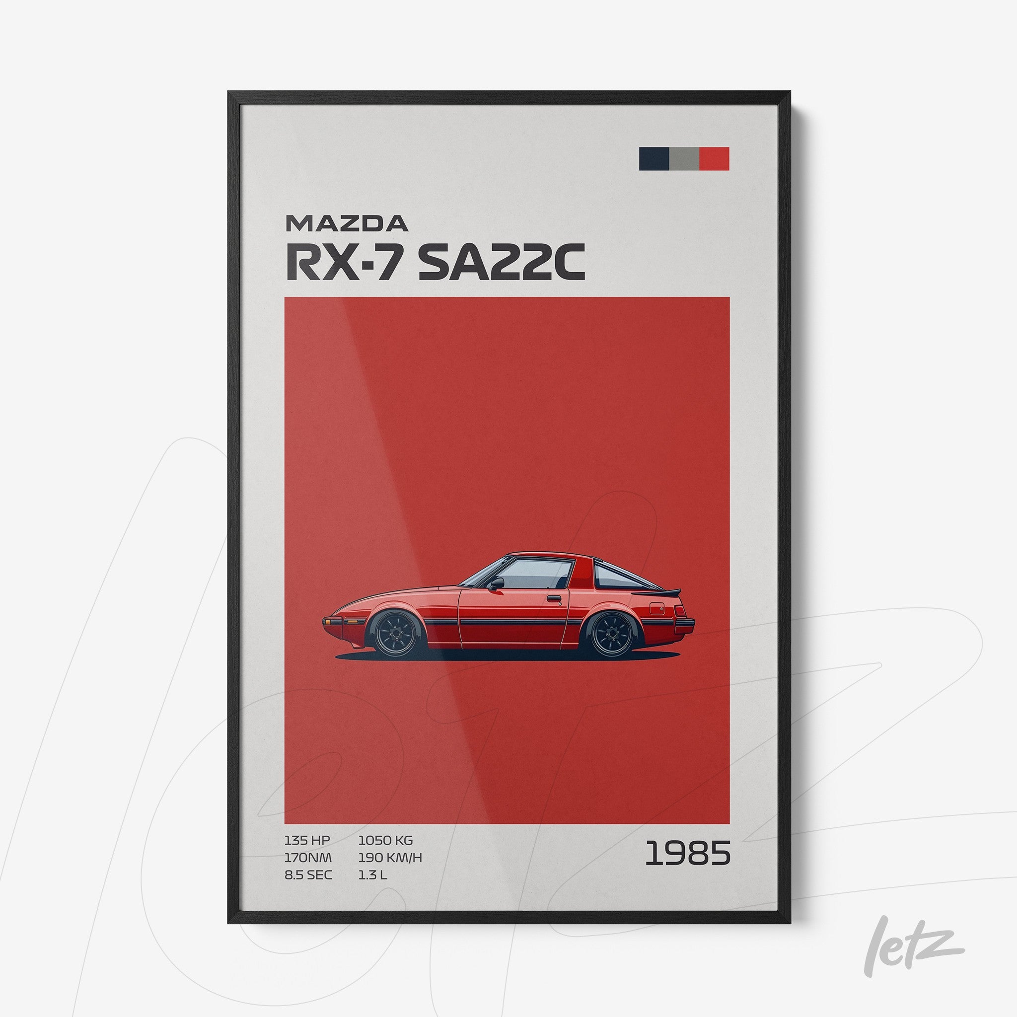 quadro com arte minimalista do carro Mazda RX-7 SA22C em fundo vermelho e moldura preta