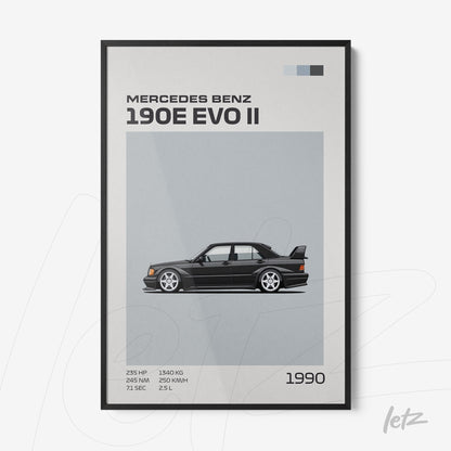 quadro com ilustração do carro Mercedes Benz 190E EVO II em moldura preta com fundo cinza