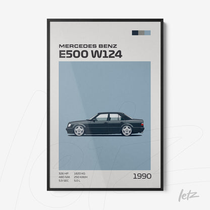 quadro com ilustração minimalista do carro Mercedes Benz E500 W124 em fundo azul