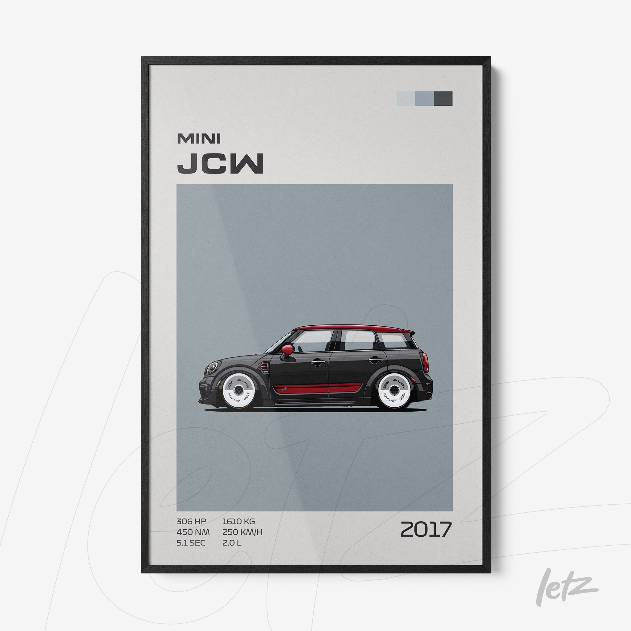quadro com arte digital de um carro Mini John Cooper Works em fundo cinza, moldura preta fina