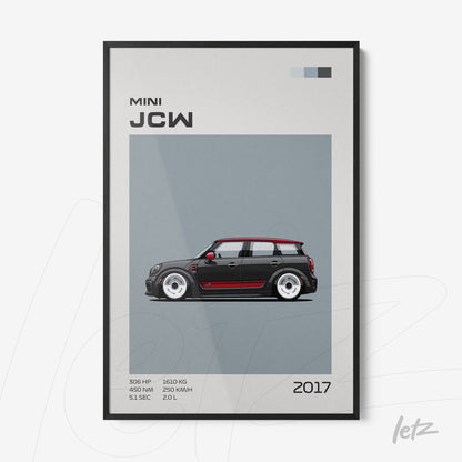 quadro com arte digital de um carro Mini John Cooper Works em fundo cinza, moldura preta fina