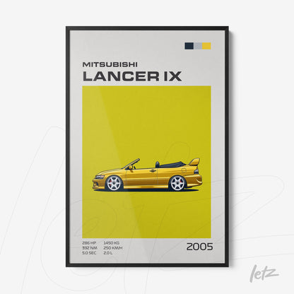 quadro emoldurado com ilustração do carro Mitsubishi Lancer IX em fundo amarelo vibrante e moldura preta