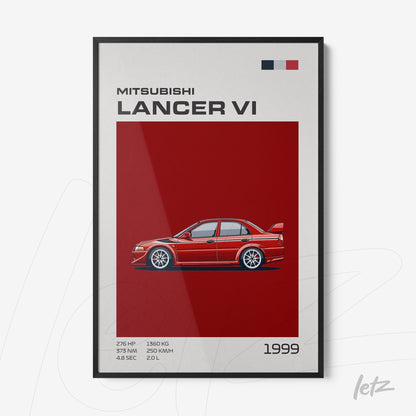 quadro com arte digital do carro Mitsubishi Lancer VI em fundo vermelho e moldura preta