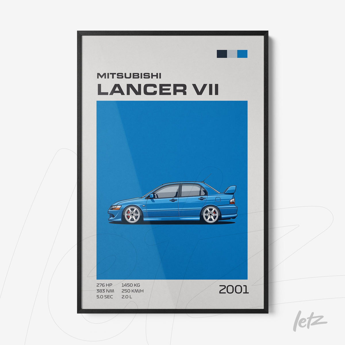 quadro com ilustração estilizada do Mitsubishi Lancer VII em fundo azul com informações técnicas do veículo